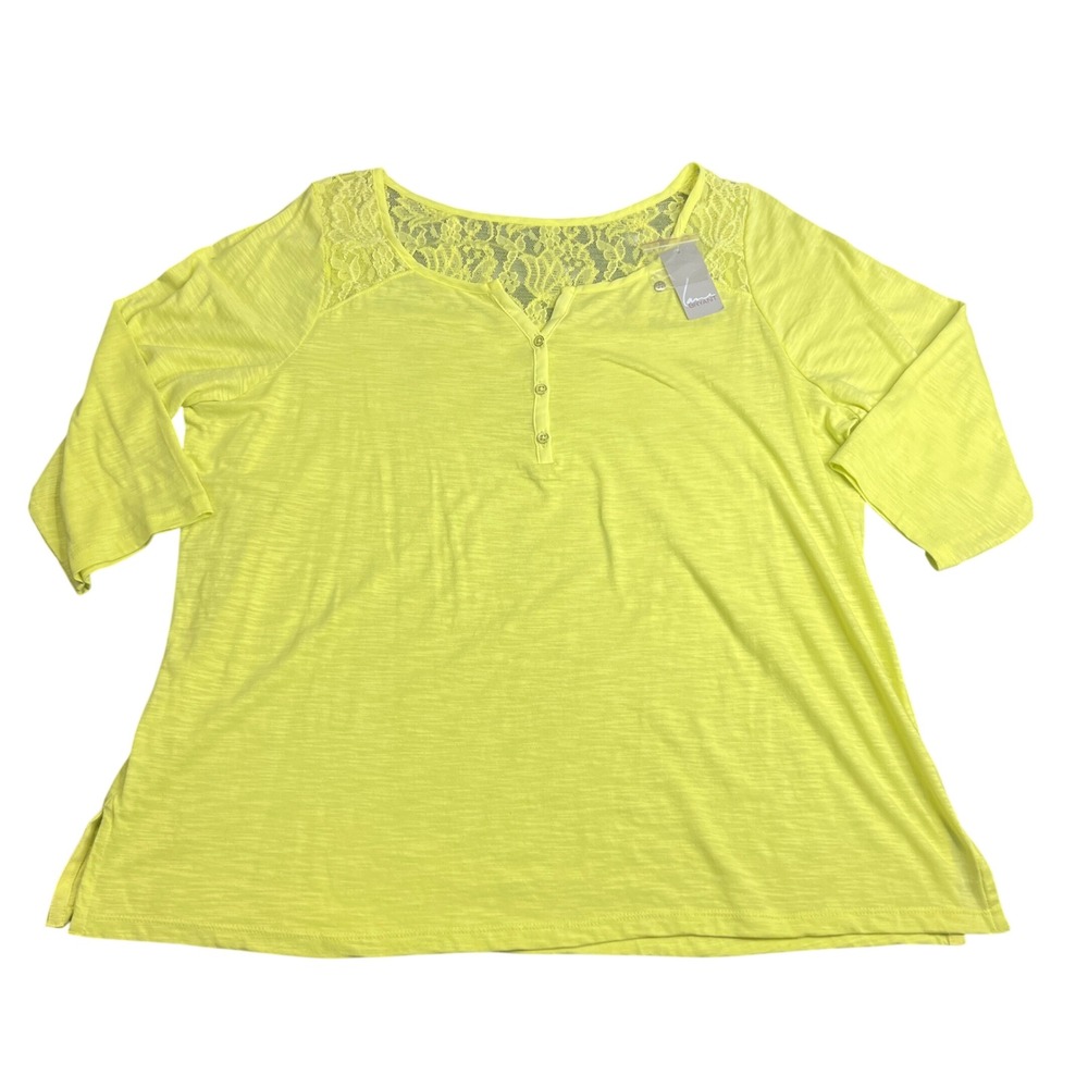 Lane Bryant Women 18/20 Neon Yellow Lace Knit Henley Top 3/4 Sleeve NWT